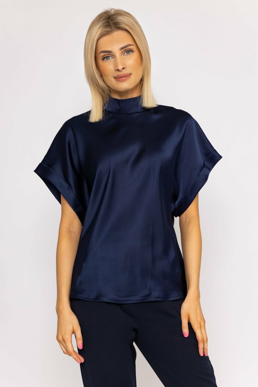 Clothing Pala D'oro  | High Neck Sateen Top In Navy